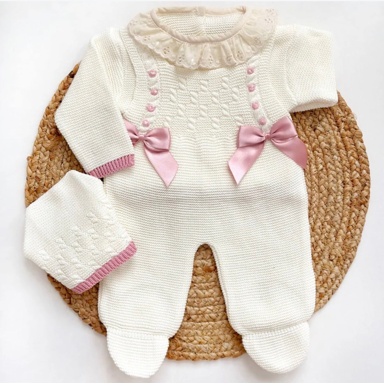 Beige & Pink Knitted Set with Satin Bows