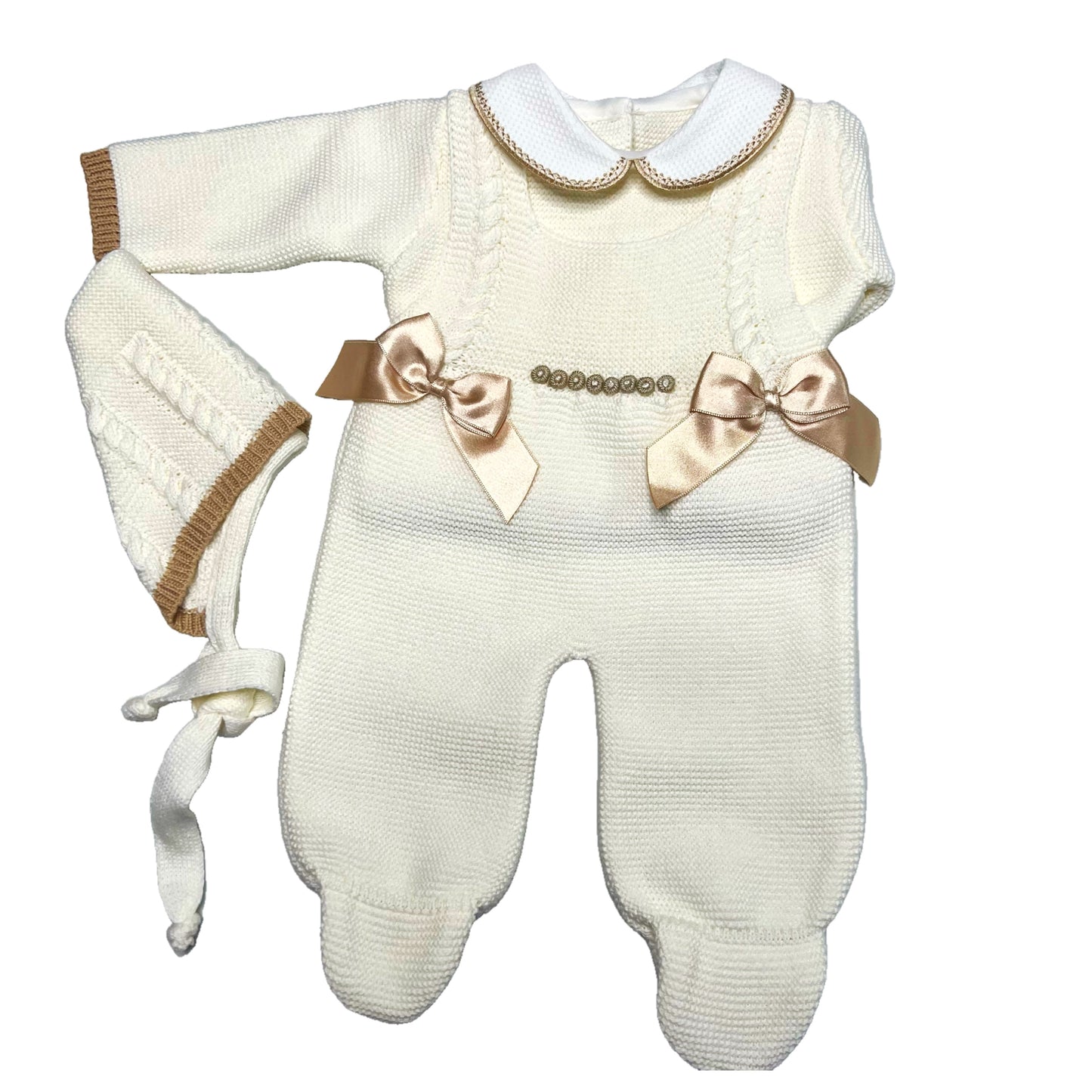 Beige Long Sleeve Romper with Bows